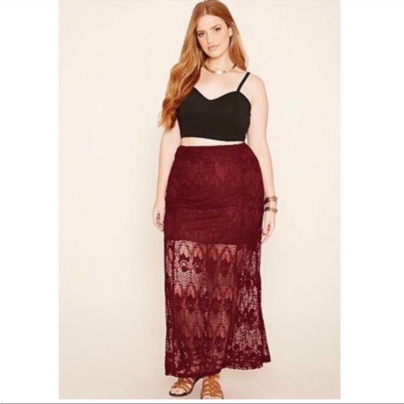 Forever 21 Burgundy Red Floral Lace Crochet Front Slit Maxi Skirt Size Small - Picture 5 of 5